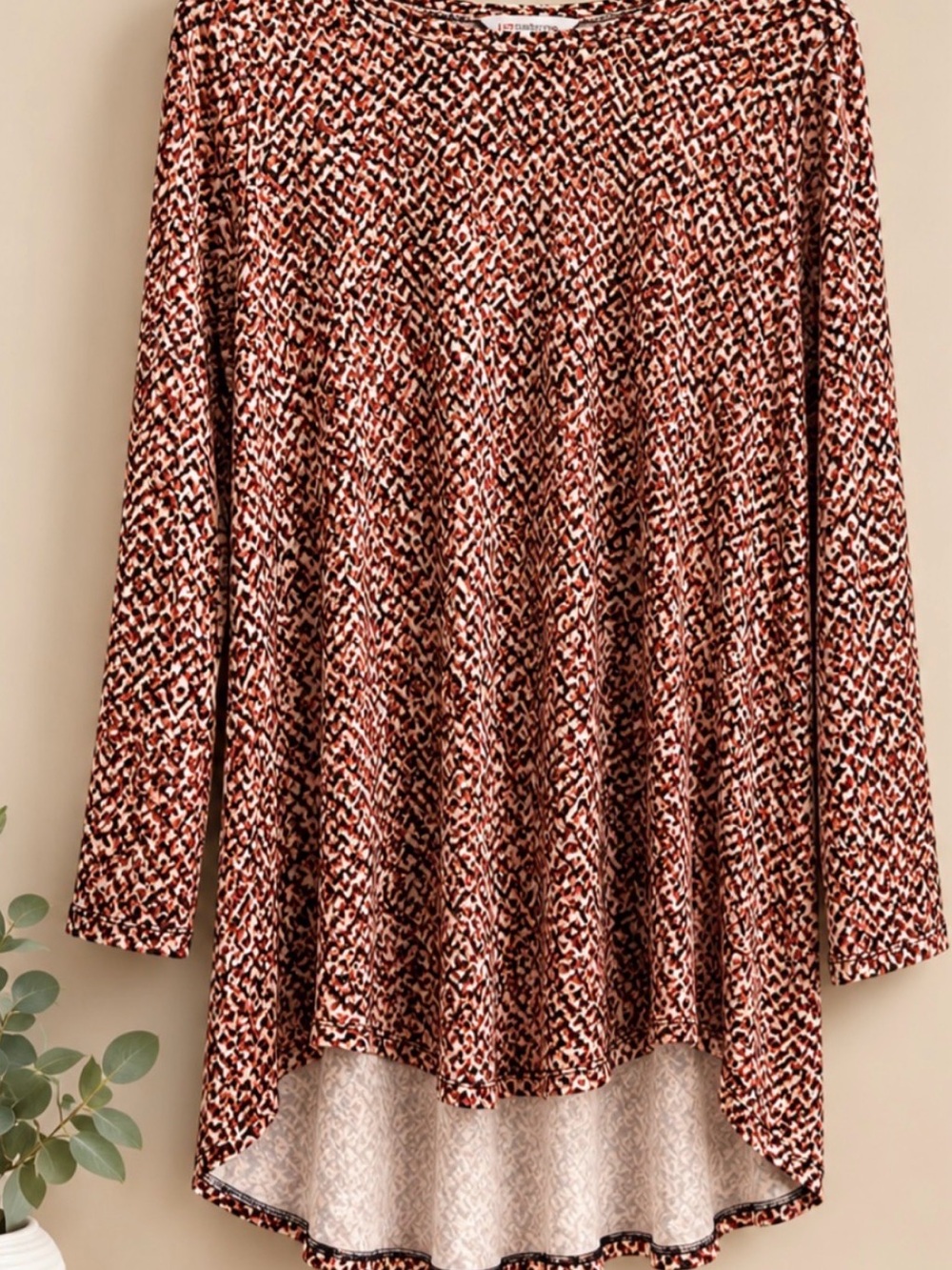 Liz Claiborne Rust and Cream Printed Long-Sleeve Tunic Medium